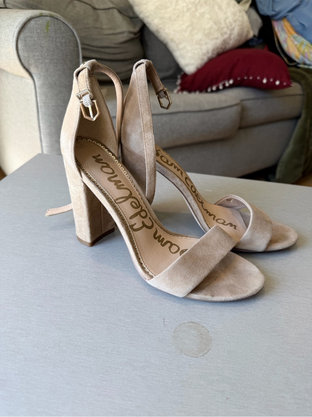 Sam Edelman Beige Suede Block Heel Sandals